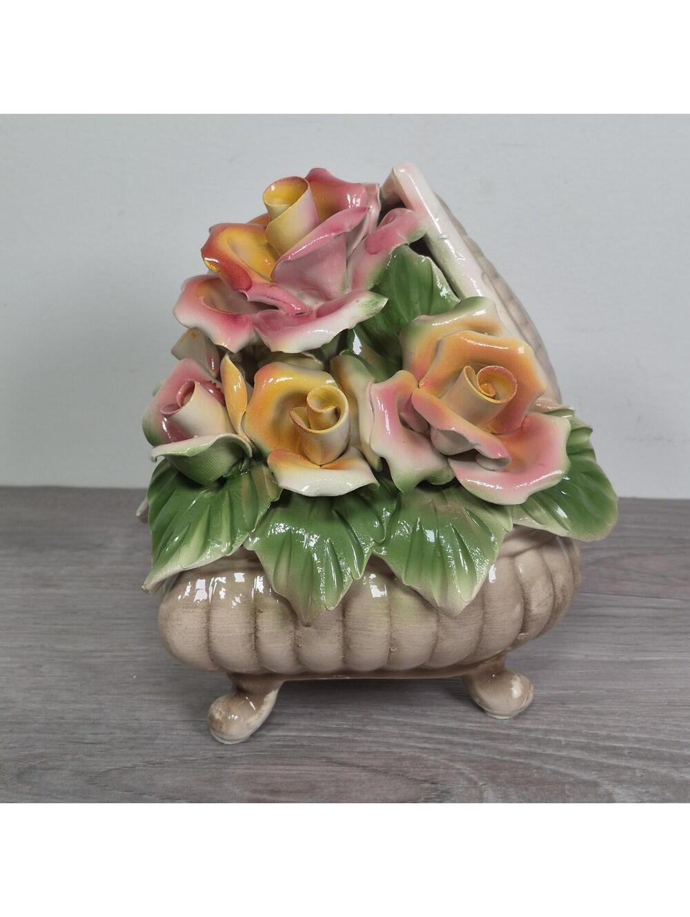 Capodimonte Porcelain Pink Orange Yellow Rose Bouquet Centerpiece Heart Box